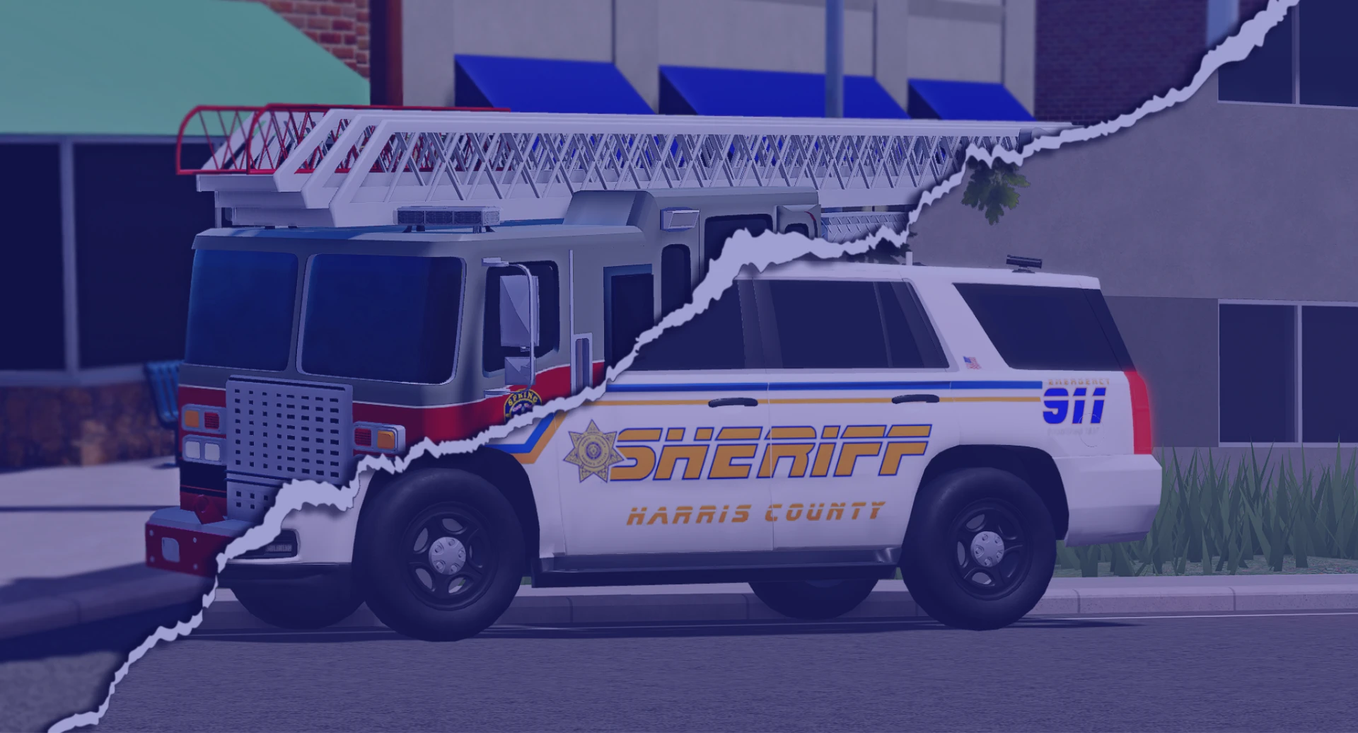 Harris County fire truck and sheriff SUV in game